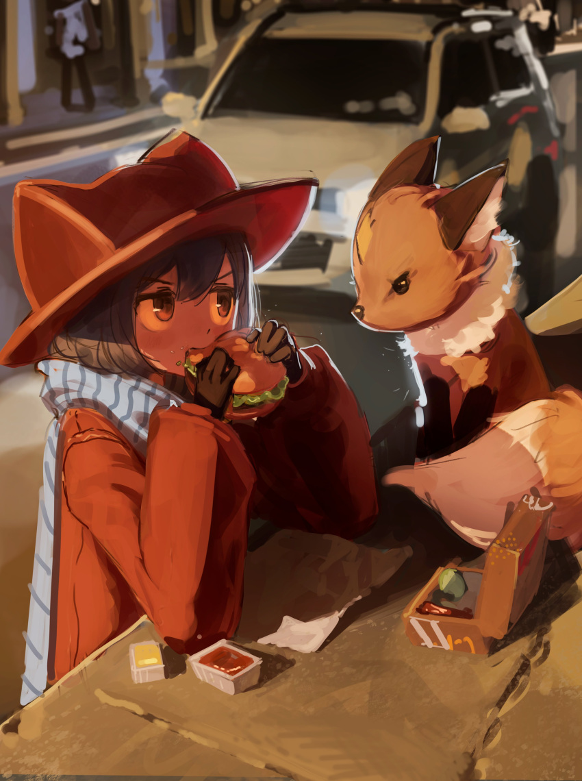 1girl, 1other, absurdres, androgynous, animal_ear_fluff, animal_hat, animal_nose, black_eyes