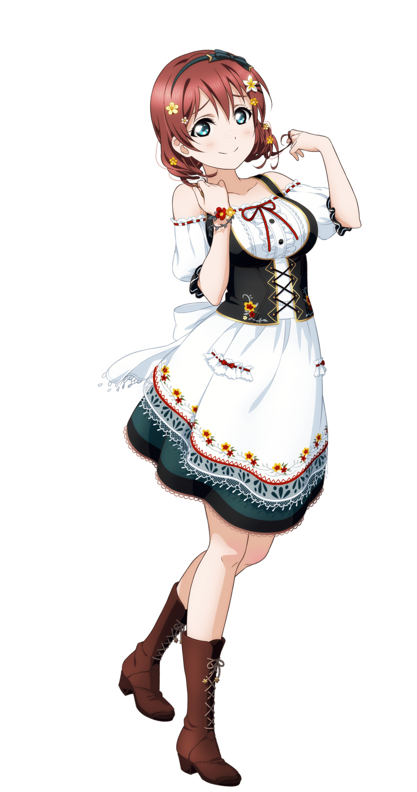 1girl, absurdres, bare_shoulders, black_bow, black_hairband, blue_eyes, blush, boots