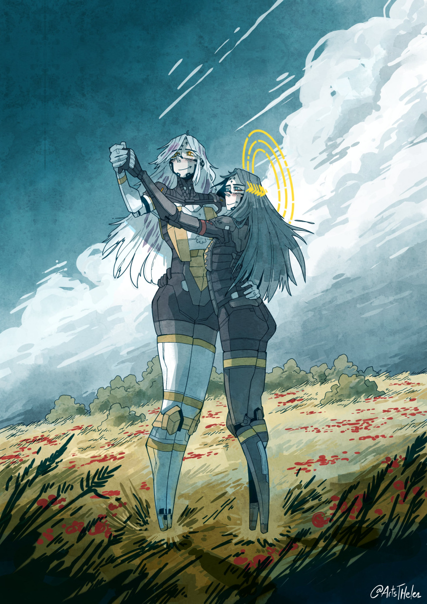 2girls, absurdres, android, artist_name, artsthelen, blue_hair, character_request, clouds