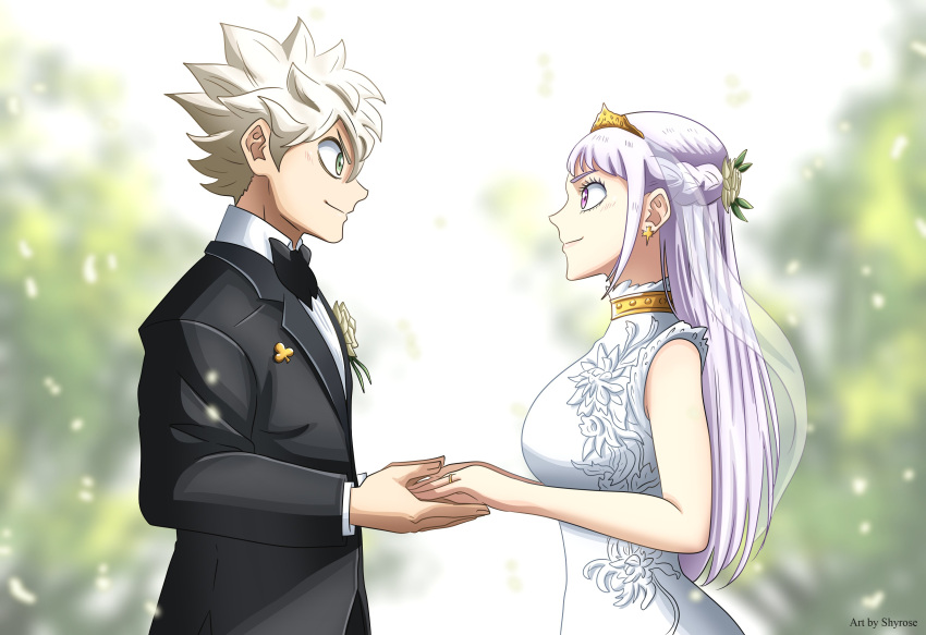 1boy, 1girl, absurdres, alternate_costume, asta_(black_clover), black_clover, blush, bride