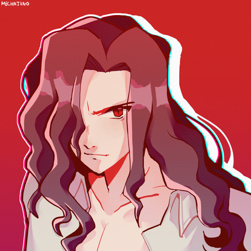 1boy, absurdres, black_hair, collared_shirt, hair_over_one_eye, highres, long_hair, looking_at_viewer, male_focus, mechajuno, melty_blood, michael_roa_valdamjong, open_clothes, open_shirt, pectorals, red_eyes, shirt, simple_background, tsukihime, type-moon, upper_body, vampire, very_long_hair, white_shirt