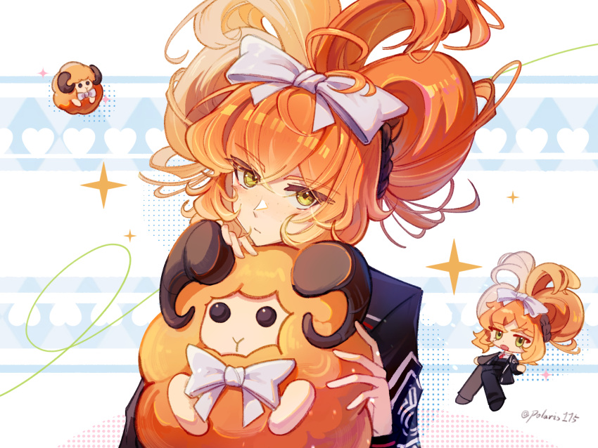 1girl, black_jacket, black_pants, bow, chibi, chibi_inset, cinnamiku_hairstyle, dajie_de_erji_xian
