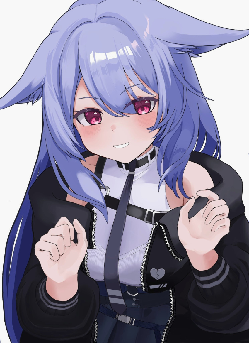 1girl, animal, animal_ear_fluff, animal_ears, bare_shoulders, belt, black_choker, black_collar, black_jacket, black_necktie, black_skirt, blue_skirt, blush, breasts, choker, claw_pose, claws, collar, ears_down, floppy_ears, fox, fox_ears, grin, hair_between_eyes, hands_up, heart, high-waist, high-waist_skirt, highres, jacket, kikyo_(vrchat), long_hair, long_sleeves, looking_at_viewer, medium_breasts, necktie, off_shoulder, open_clothes, open_jacket, parted_lips, partially, partially_unzipped, pink_eyes, puffy_long_sleeves, puffy_sleeves, purple_hair, red_eyes, shirt, sidelocks, simple_background, skirt, sleeveless, sleeveless_shirt, smile, solo, teeth, unzipped, upper_body, user_jwcn4332, very_long_hair, vrchat, white_background, white_shirt, zipper