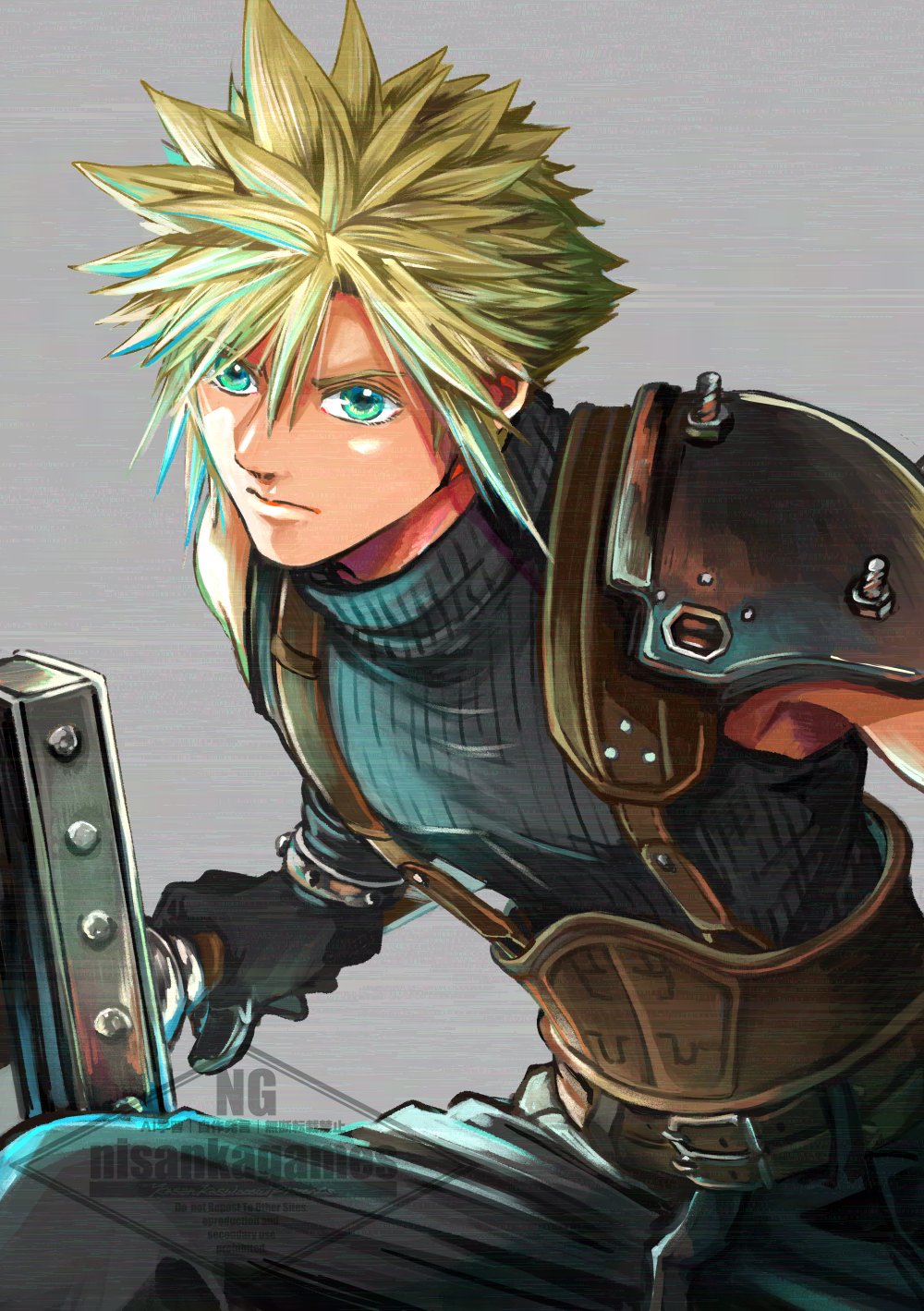 1boy, armor, belt, belt_buckle, blonde_hair, blue_eyes, blue_sweater, buckle