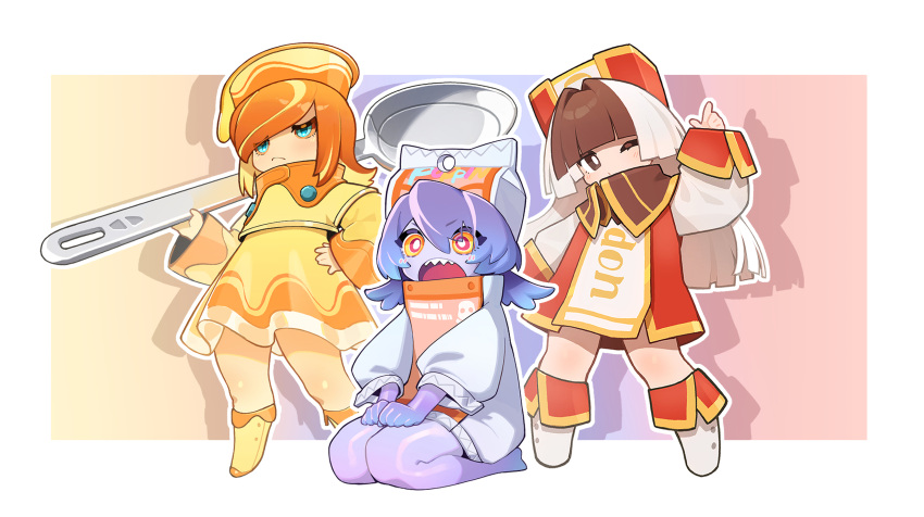 3girls, blue_eyes, boots, brown_eyes, brown_hair, chocodon_(white_chocolate), colored_skin, dress