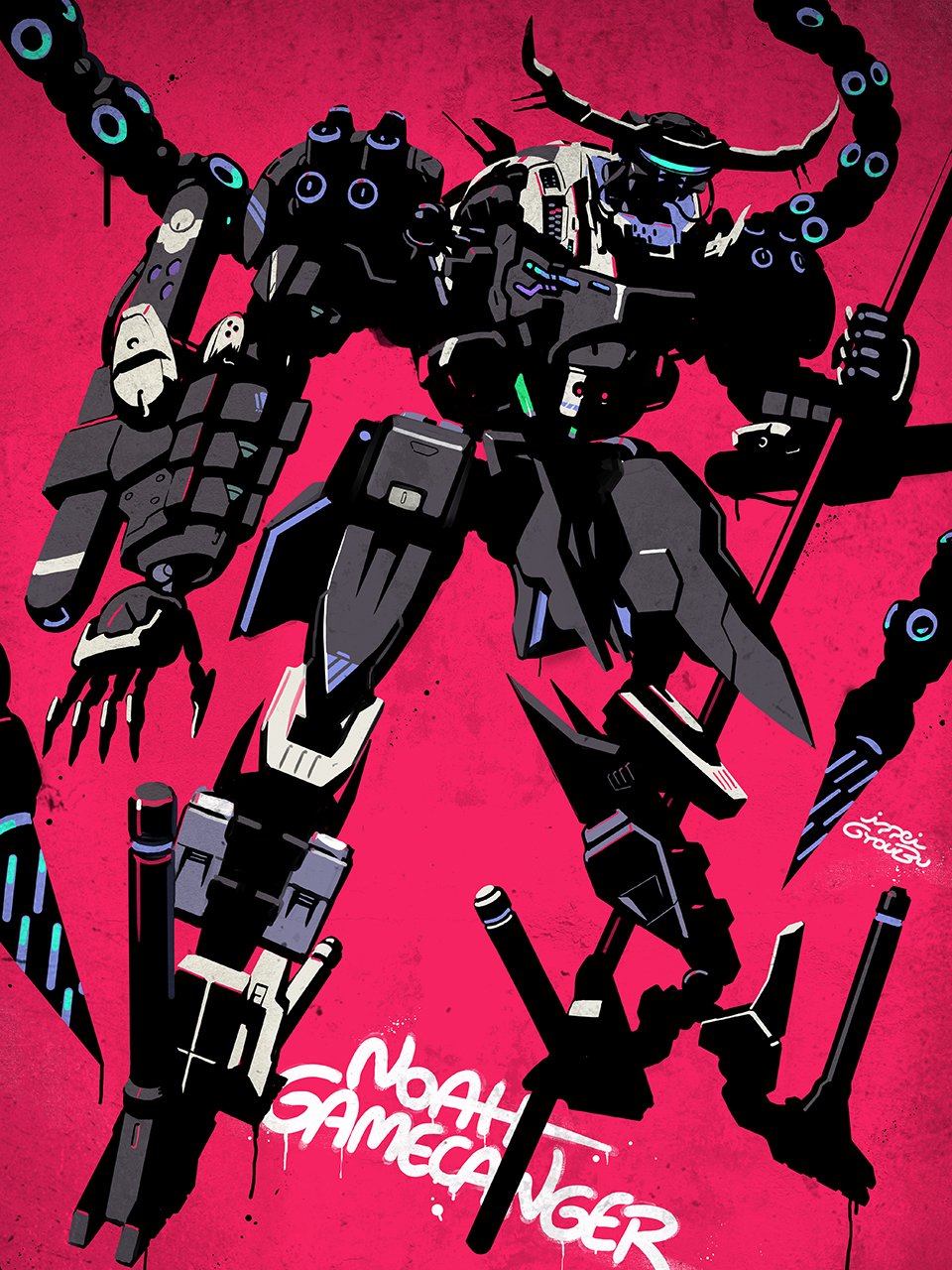 character_name, club_(weapon), cradle_coffin, floating, full_body, gun, gyoubu_ippei, high_contrast, highres, holding, holding_club, holding_weapon, horns, joints, mecha, mechanical_horns, mechanical_tentacles, no_humans, noah_gamechanger, robot, robot_joints, signature, synduality, synduality_noir, walker_(robot), weapon