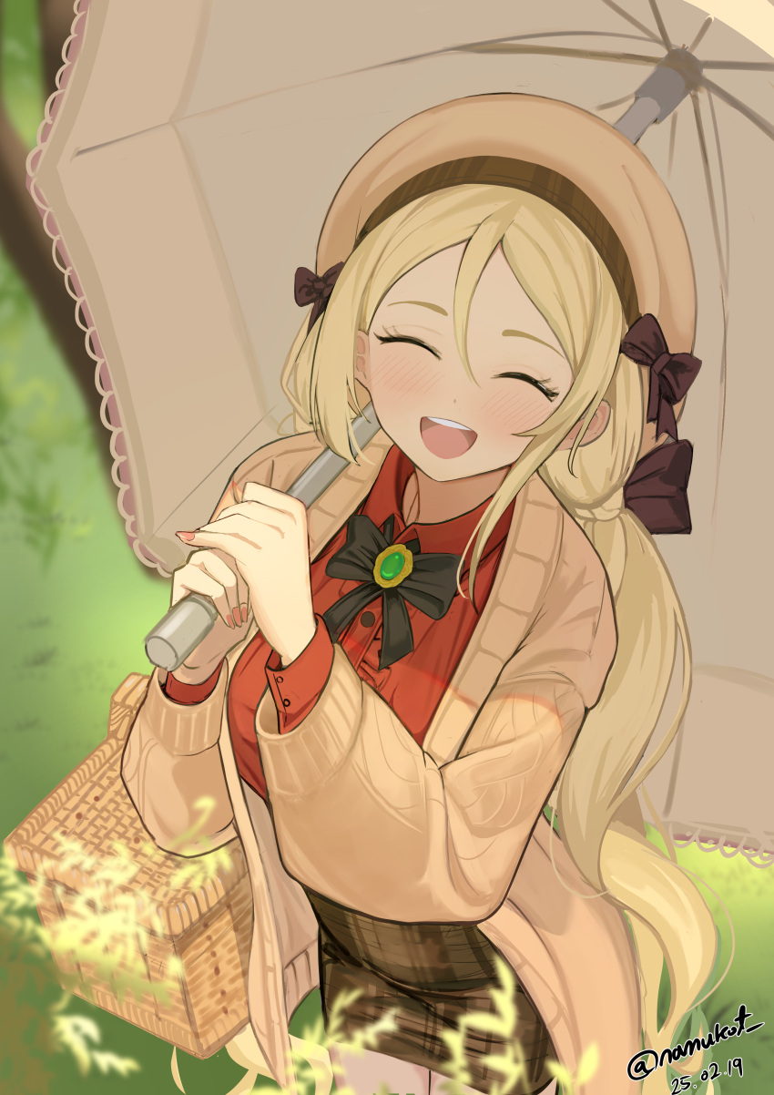 1girl, absurdres, blonde_hair, brooch, closed_eyes, commission, dress_shirt, ellie_quickhand