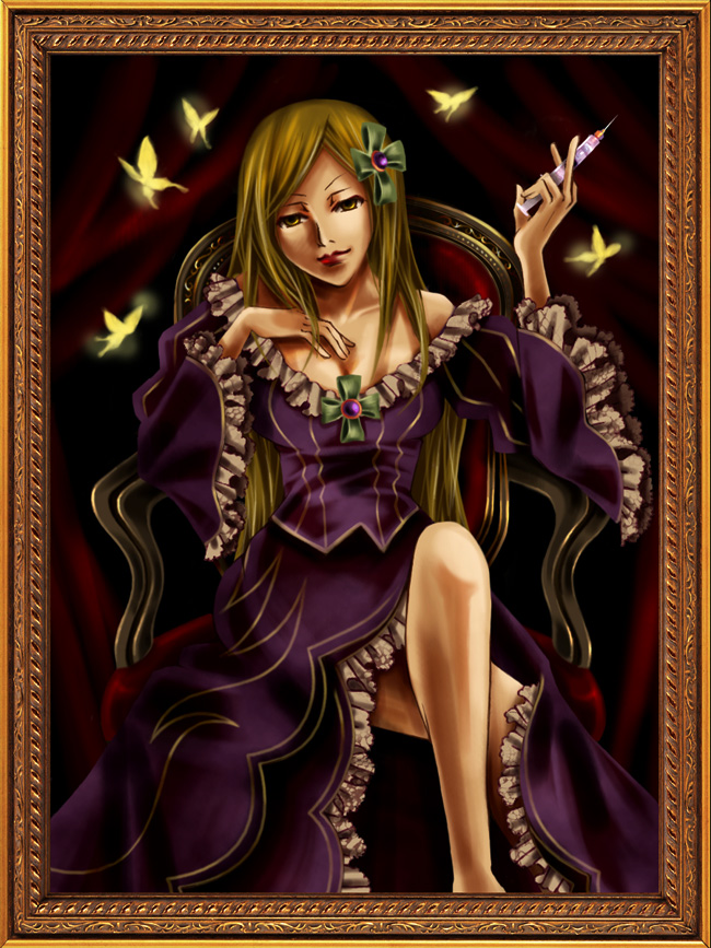 bad_id, beatrice, beatrice_(cosplay), blonde_hair, butterfly, cosplay, crossed_legs, frame