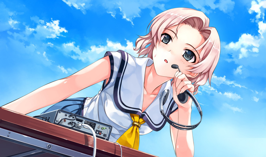 blonde_hair, blush, deep_blue_sky_&amp;_pure_white_wings, hanami_mar'ya, headphones, misaki_kurehito, seifuku, short_hair