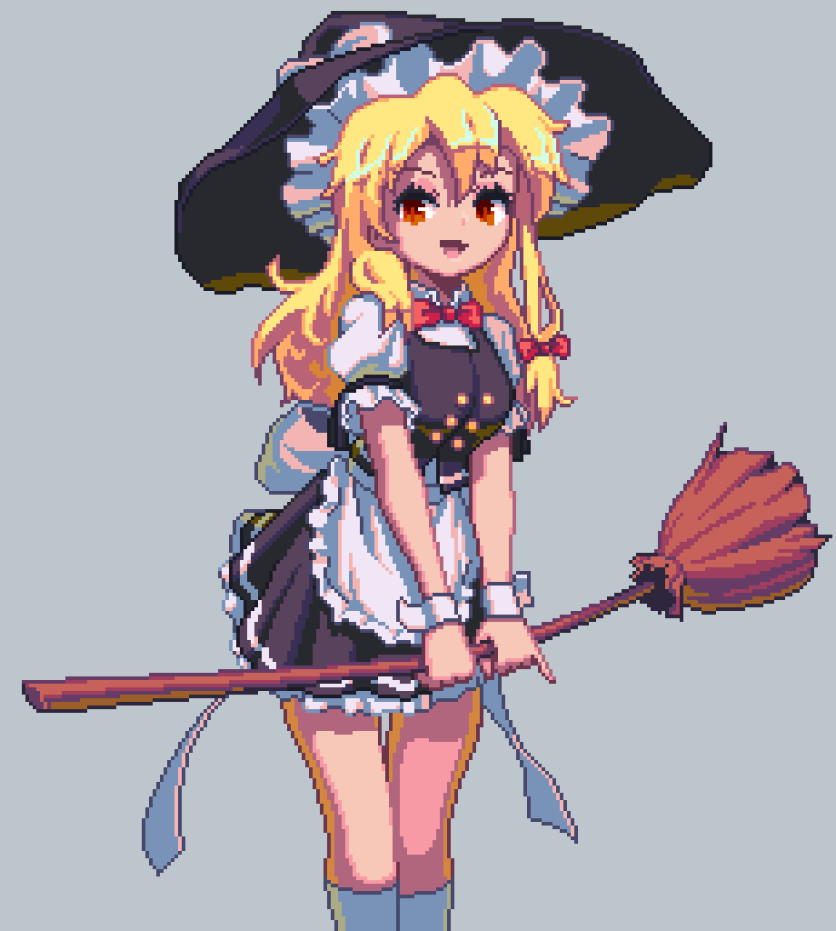 1girl, apron, blonde_hair, hat, kirisame_marisa, long_hair, looking_at_viewer, pixel_art, potemki11, red_eyes, smile, solo, touhou, white_apron, witch_hat