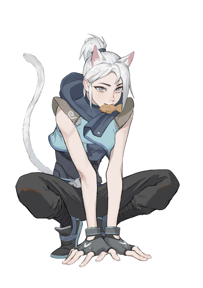 1girl, 3aaaa64, absurdres, animal_ears, arms_between_legs, black_pants, blue_jacket, cat_ears, cat_girl, cat_tail, fingerless_gloves, food, gloves, grey_eyes, hands_on_ground, highres, jacket, jett_(valorant), kemonomimi_mode, mouth_hold, pants, shirt, simple_background, sleeveless, sleeveless_shirt, solo, squatting, tail, taiyaki, valorant, wagashi, white_background, white_hair