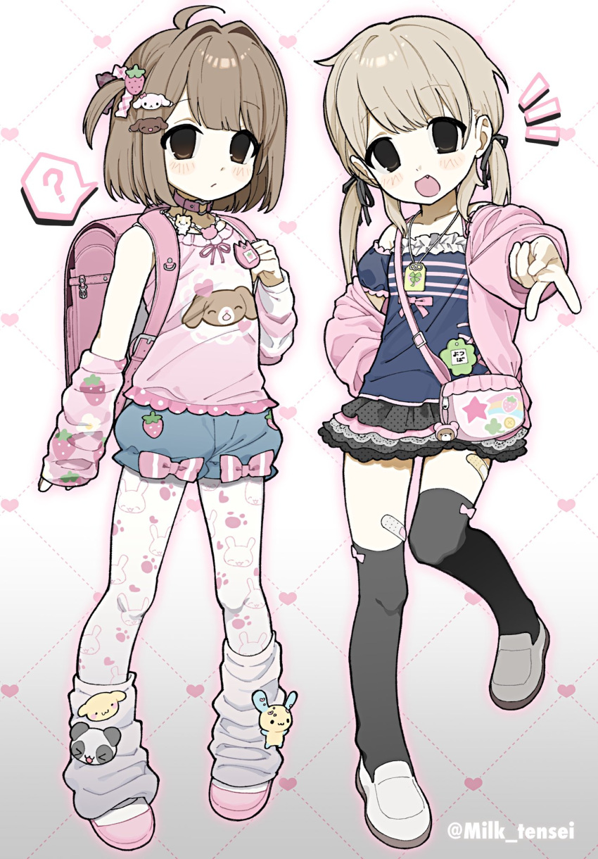 2000s_(style), :d, ?, ahoge, arm_at_side, artist_request, backpack, bag, bandaid, bandaid_on_leg, bare_shoulders, belt_collar, black_eyes, black_skirt, black_thighhighs, blonde_hair, blue_shirt, blue_shorts, blue_sleeves, blush, blush_stickers, bow, bow_shorts, brown_hair, child, choker, clenched_hand, collar, commentary, detached_sleeves, dot_nose, expressionless, fang, food-themed_hair_ornament, food_print, frilled_shirt, frilled_skirt, frills, full_body, grid_background, gyaru_v, hair_ornament, hairclip, hand_on_own_hip, hand_up, hashtag-only_commentary, heisei_retro, highres, jacket, legs_apart, long_hair, long_sleeves, looking_at_viewer, loose_socks, low_twintails, medium_hair, milk_(milk319319), miniskirt, name_tag, no_pupils, omamori, one_side_up, open_clothes, open_jacket, original, pantyhose, paw_print, pink_bag, pink_bow, pink_choker, pink_jacket, pink_shirt, pink_shoes, pink_sleeves, print_shirt, randoseru, shirt, shoes, short_sleeves, shorts, shoulder_bag, skirt, sleeveless, sleeveless_shirt, smile, socks, speech_bubble, straight_hair, strawberry_hair_ornament, strawberry_print, striped_clothes, striped_shirt, symbol-only_commentary, thigh-highs, twintails, twitter_username, v, white_background, white_pantyhose, white_shoes, white_socks, zettai_ryouiki