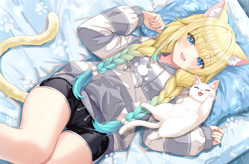 1girl, absurdres, aizawa_ema, animal_ears, blonde_hair, cat_earrings, cat_ears, cat_tail