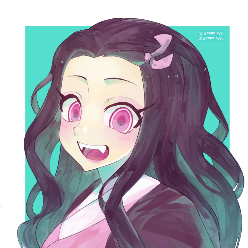 1girl, black_hair, black_jacket, blue_background, blush, candleyy, demon_girl, eyelashes, haori, highres, instagram_logo, instagram_username, jacket, japanese_clothes, kamado_nezuko, kimetsu_no_yaiba, kimono, long_hair, looking_at_viewer, open_mouth, parted_lips, pink_hair, pink_kimono, sharp_teeth, smile, solo, teeth, twitter_username, twitter_x_logo, two-tone_background, upper_body, upper_teeth_only, white_background