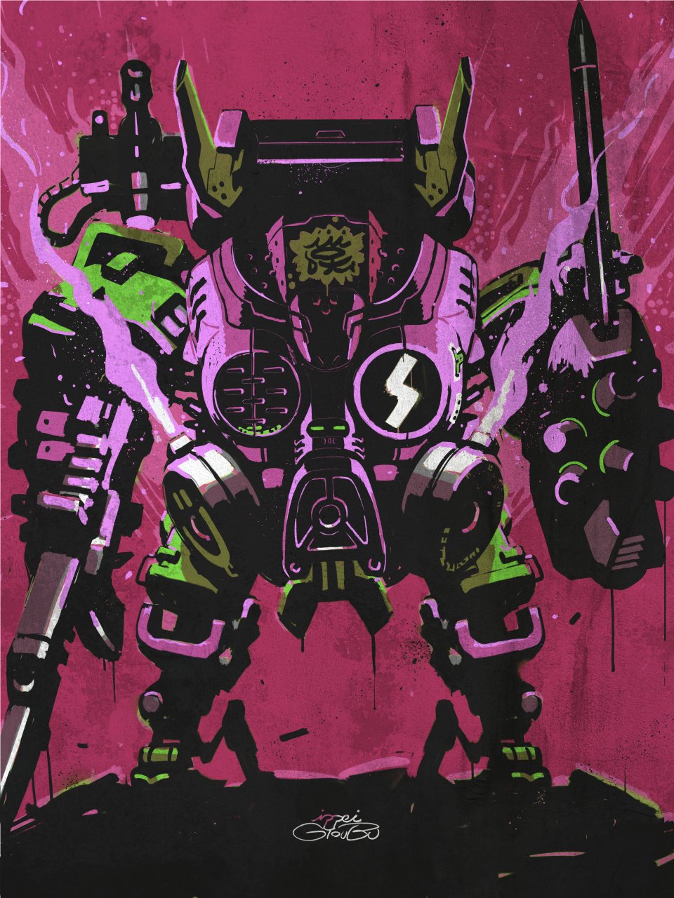 assault_rifle, cradle_coffin, fire, full_body, gas_mask, gun, gyoubu_ippei, high_contrast, highres, holding, holding_gun, holding_weapon, john_gasmaker, joints, lightning_bolt_symbol, mask, mecha, no_humans, pink_fire, rifle, robot, robot_joints, signature, standing, sword, synduality, synduality_noir, walker_(robot), weapon