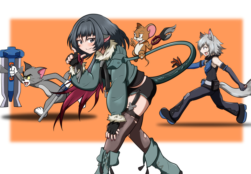 1girl, 3boys, animal_ears, black_eyes, black_hair, cat, cat_boy, cat_ears, cat_tail, chasing, crossover, feet_out_of_frame, full_body, green_jacket, grey_hair, highres, holding, holding_shield, jacket, jane_doe_(zenless_zone_zero), jerry_(tom_and_jerry), leaning_forward, looking_at_viewer, midriff_peek, mouse_(animal), mouse_girl, mouse_tail, multiple_boys, seth_lowell, shield, short_shorts, shorts, smile, solo_focus, species_connection, tail, tatsu_(hukkatsu), thigh-highs, tom_(tom_and_jerry), tom_and_jerry, torn_clothes, torn_thighhighs, zenless_zone_zero, zettai_ryouiki