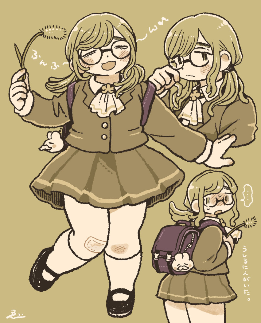 ..., 1girl, :3, :d, backpack, bag, bandaid, bandaid_on_knee, bandaid_on_leg, black-framed_eyewear, black_eyes, black_shoes, blush, closed_eyes, commission, cropped_torso, curvy, dot_nose, ebiebi, embarrassed, facing_viewer, full_body, green_background, green_hair, green_jacket, green_skirt, hand_up, happy, highres, holding, holding_plant, jacket, knees_together_feet_apart, legs_together, light_frown, limited_palette, loafers, long_hair, long_sleeves, looking_back, low_twintails, miniskirt, multiple_views, musical_note, neckerchief, no_pupils, no_sclera, nose_blush, open_mouth, original, plant, pleated_skirt, purple_bag, round_eyewear, shoes, signature, simple_background, skeb_commission, skirt, smile, socks, spoken_musical_note, standing, standing_on_one_leg, sweat, tareme, thick_arms, thick_thighs, thighs, translation_request, twintails, white_neckerchief, white_socks