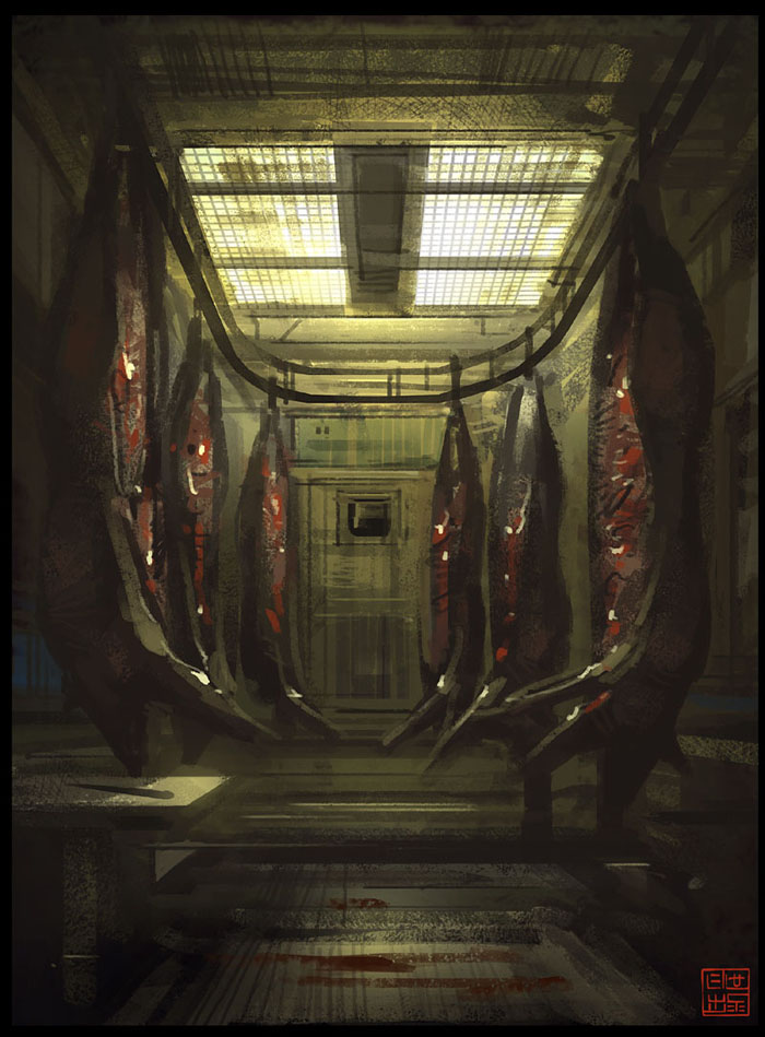 blood, blood_on_ground, butcher_shop_(place), ceiling_light, dead_animal, door, hanging_food, hideyoshi_ruwwe, indoors, interior, knife, meat_hook, no_humans, original, pig, shadow, table