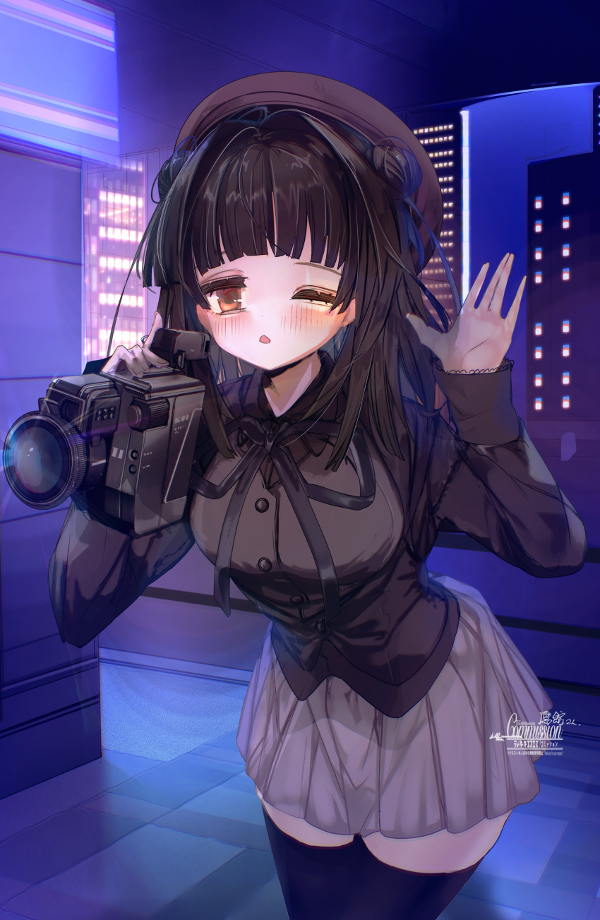 1girl, absurdres, aden_(game), beret, black_hair, black_ribbon, black_shirt, black_thighhighs
