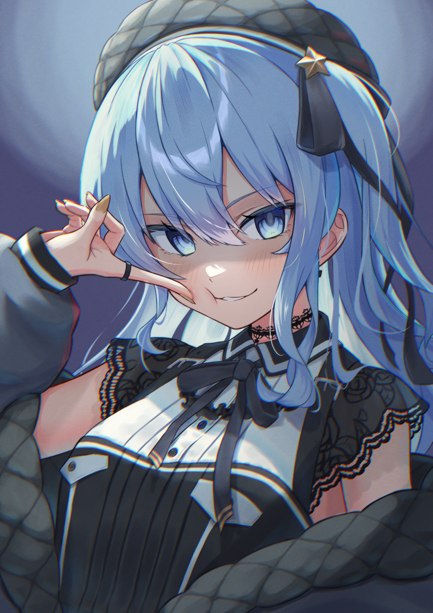 1girl, beret, black_choker, black_hat, black_jacket, black_shirt, blue_eyes, choker
