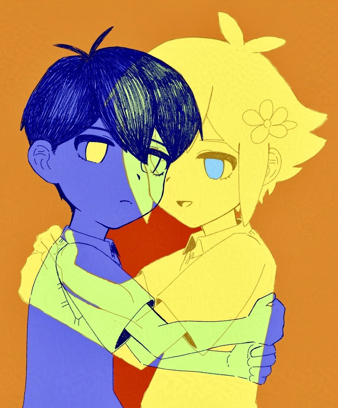 2boys, :d, antenna_hair, arms_around_back, basil_(faraway)_(omori), basil_(omori), blue_eyes, blue_skin