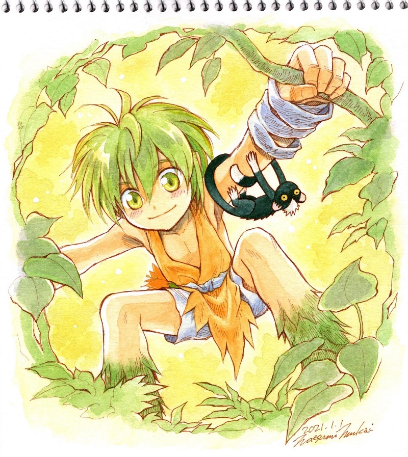 1boy, animal, blush, child, closed_mouth, commentary_request, dated, green_eyes