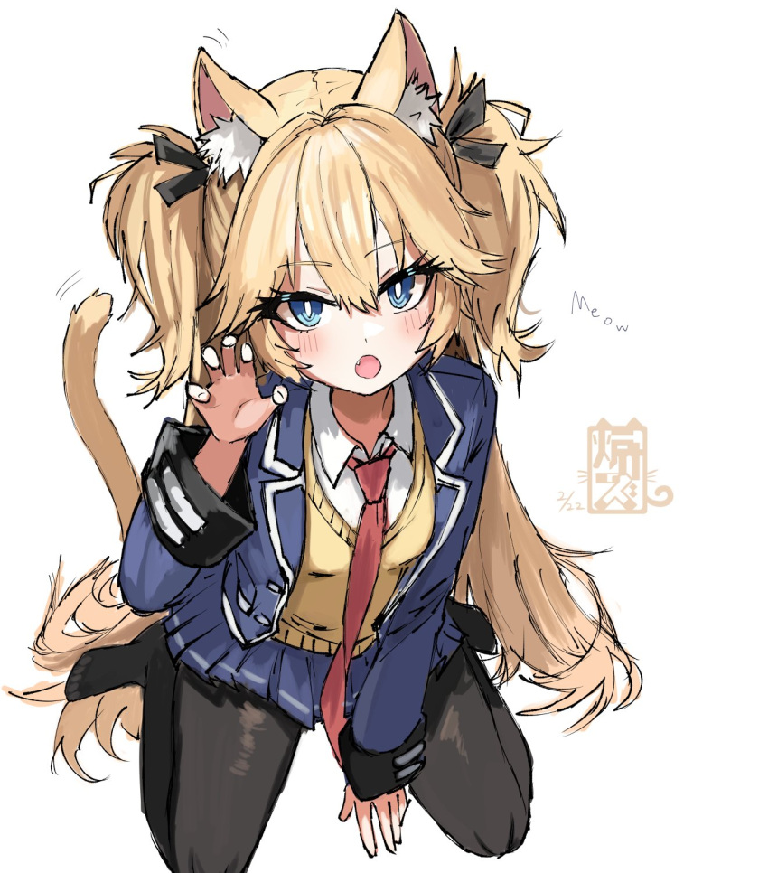 1girl, animal_ears, black_pantyhose, black_ribbon, blue_eyes, blue_jacket, blue_skirt, blush