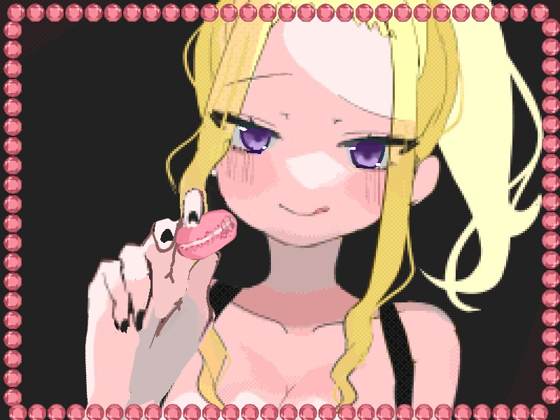 1girl, :d, bare_shoulders, black_nails, blonde_hair, blush, collarbone, food, frame, game_cg, holding, holding_food, looking_at_viewer, macaron, oyumeno, ponytail, raised_eyebrow, ravona, smile, violet_eyes, yamikko_troublemaker