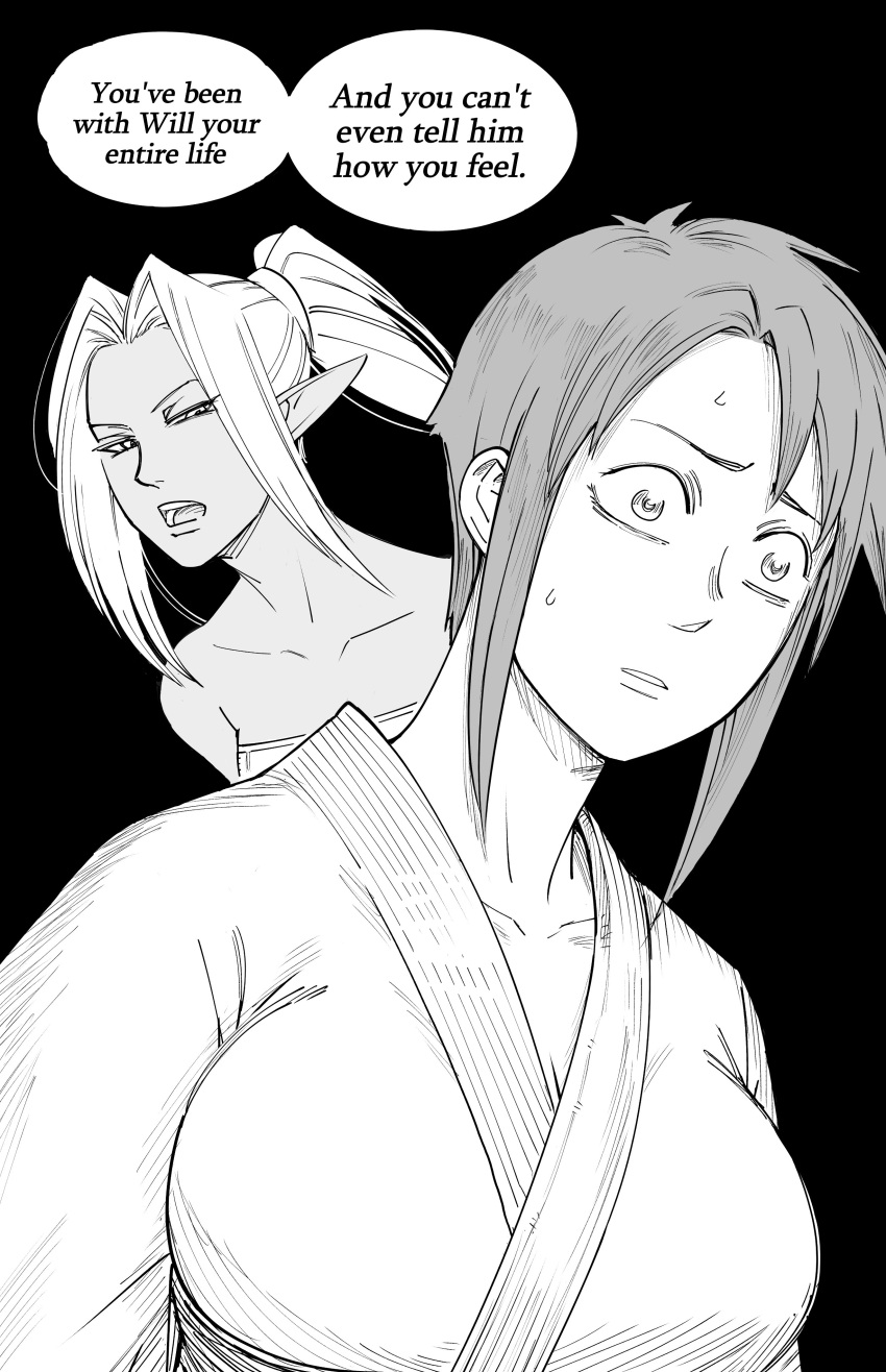 2girls, absurdres, aubry_(dark_elf_stepsister), bb_(baalbuddy), breasts, dark-skinned_female, dark_elf, dark_skin