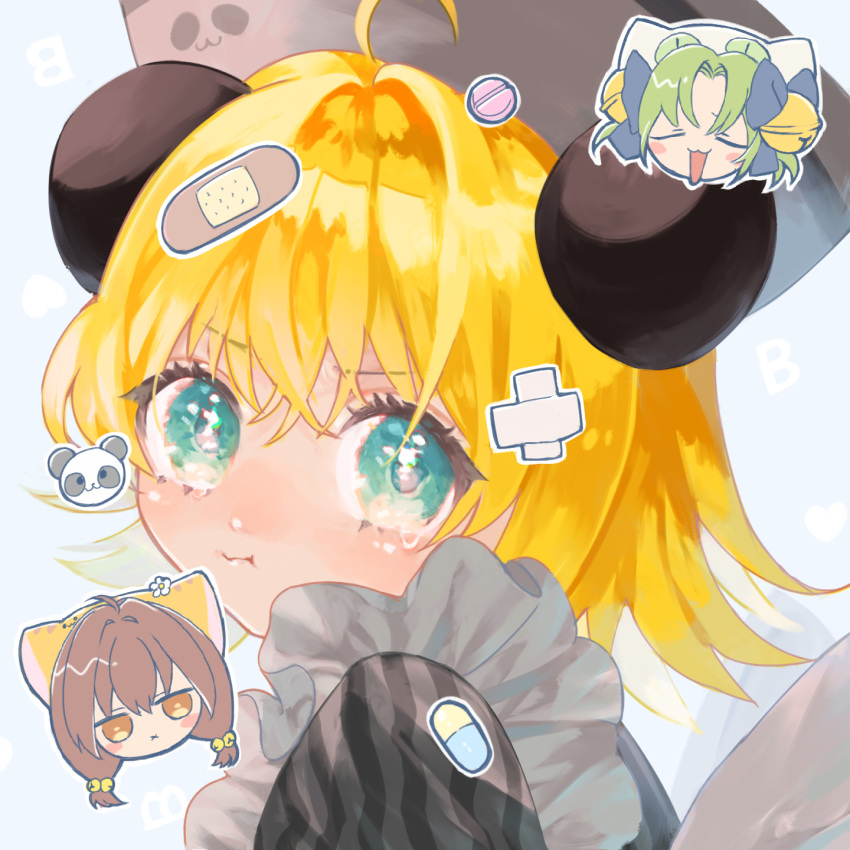 3girls, 58_(scbaby), :t, ahoge, animal_ears, apron, aqua_eyes, bandaid