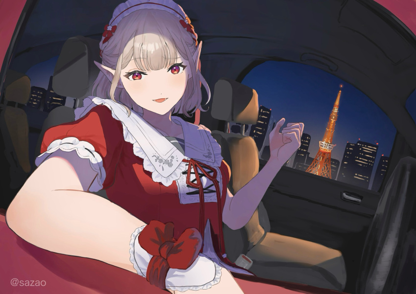 1girl, arm_rest, artist_name, blue_sky, bow, breasts, car, car_interior