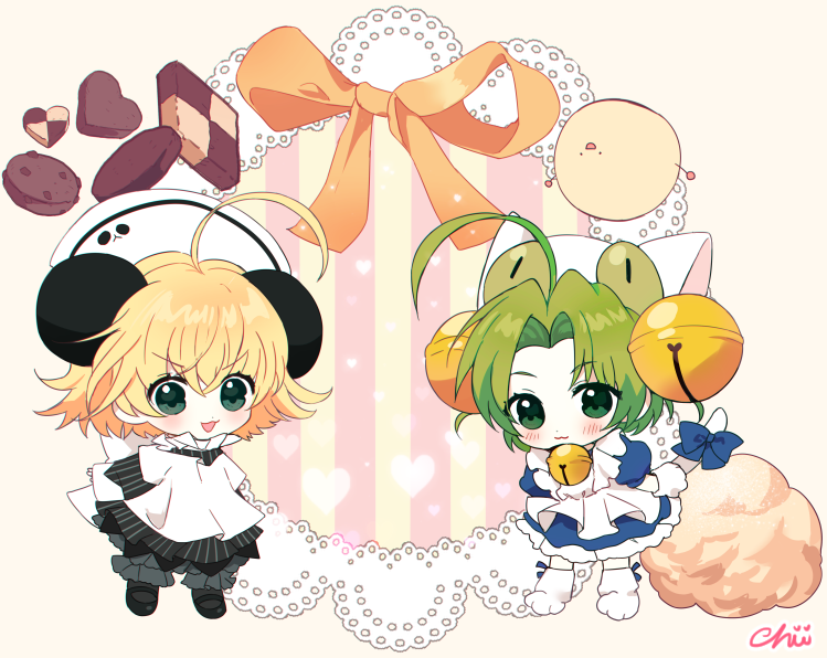 2girls, :3, ahoge, animal_ears, animal_hat, apron, bell, berrypop