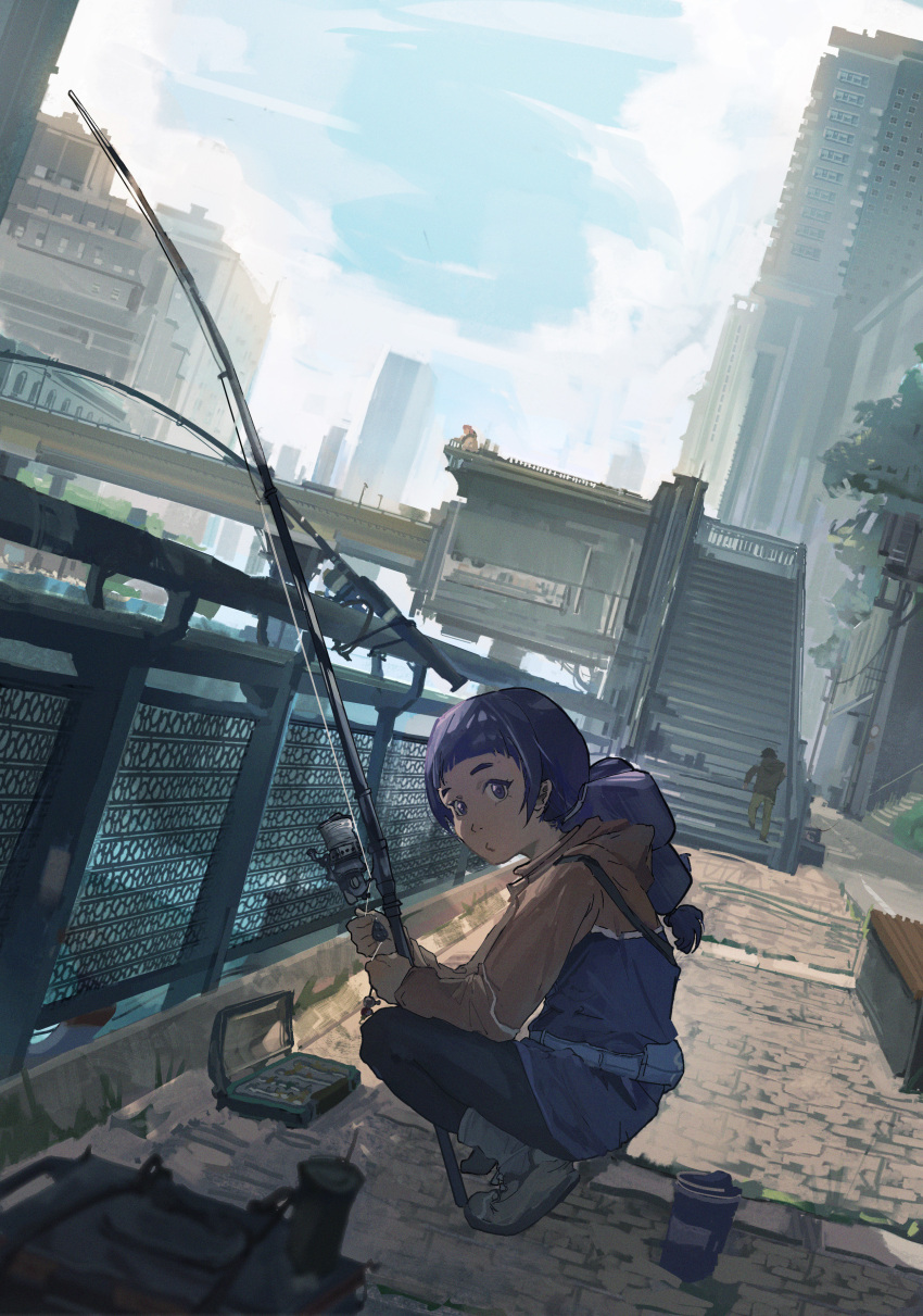 1girl, 2boys, absurdres, ayukawa_hana, bench, blue_eyes, blue_hair, bridge