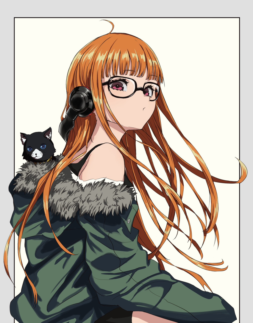 1girl, :/, ahoge, animal, animal_in_clothes, behind-the-head_headphones, black-framed_eyewear, black_cat
