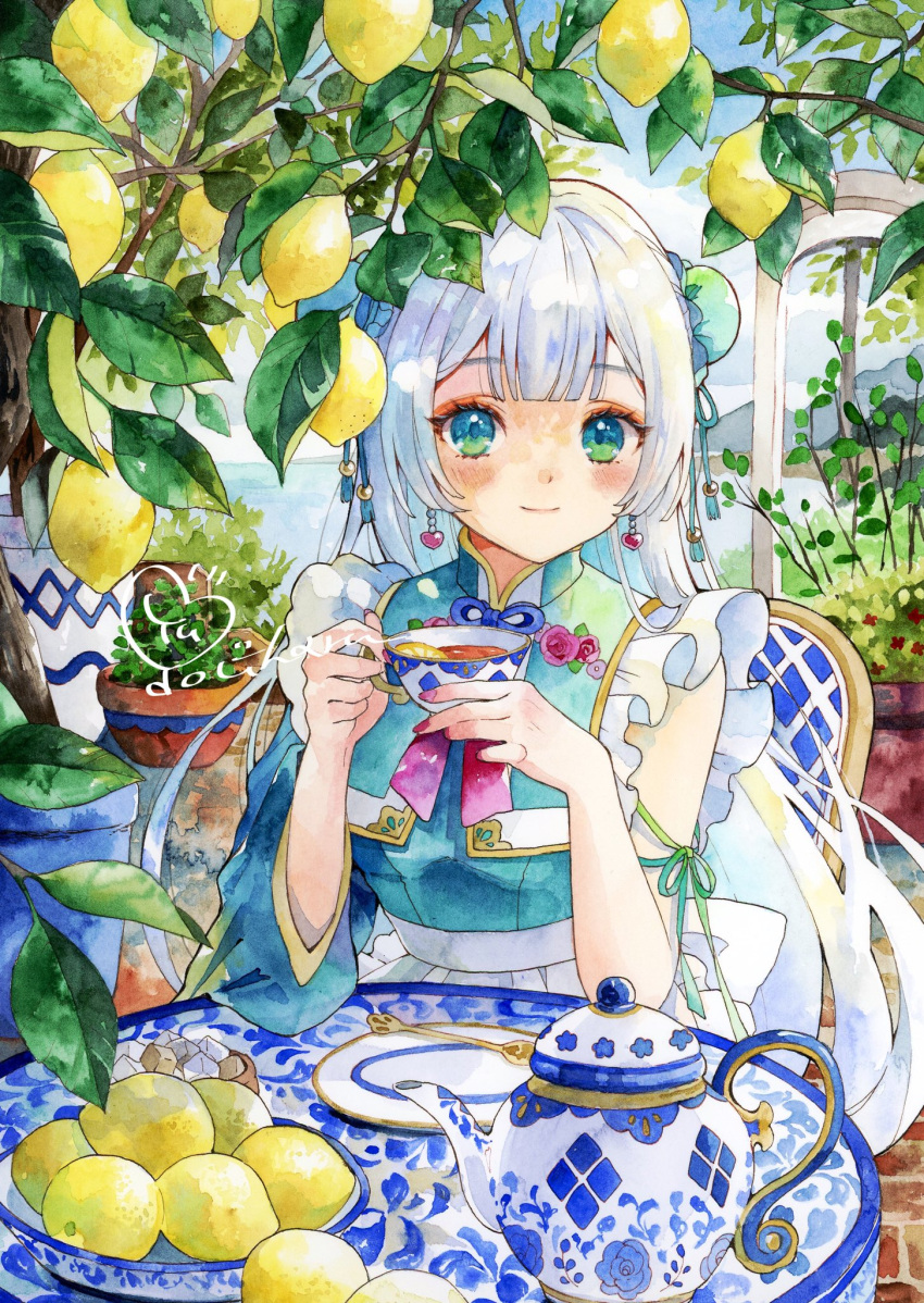 1girl, blue_eyes, blush, closed_mouth, cup, double_bun, food, fruit, green_eyes, hair_bun, highres, holding, holding_cup, leaf, lemon, long_hair, looking_at_viewer, original, painting_(medium), plate, qinghua_(porcelain), solo, spoon, teacup, teapot, teaspoon, traditional_media, two-tone_eyes, very_long_hair, watercolor_(medium), white_hair, yuyuharu_1027
