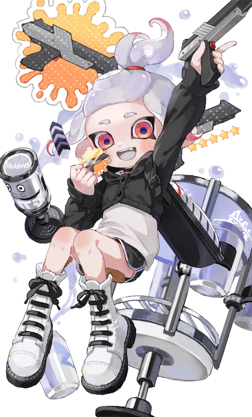 1girl, absurdres, arrow_(symbol), commentary_request, fang, full_body, gun, highres