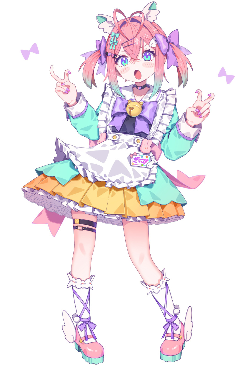 1girl, absurdres, animal_ears, antenna_hair, apron, aqua_bow, aqua_dress, aqua_hair