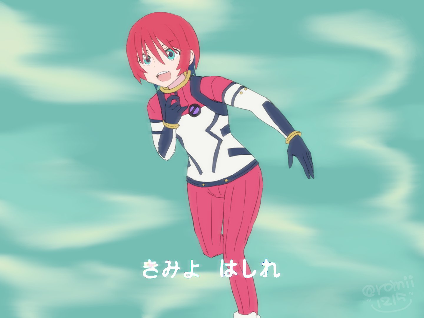 1970s_(style), 1girl, amate_yuzuriha, aqua_eyes, artist_name, bodysuit, commentary_request, fake_screenshot