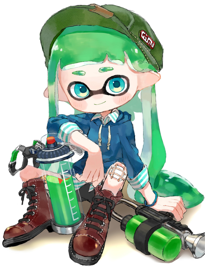 1girl, absurdres, blue_eyes, blue_hoodie, blue_shirt, boots, bracelet, cabbie_hat