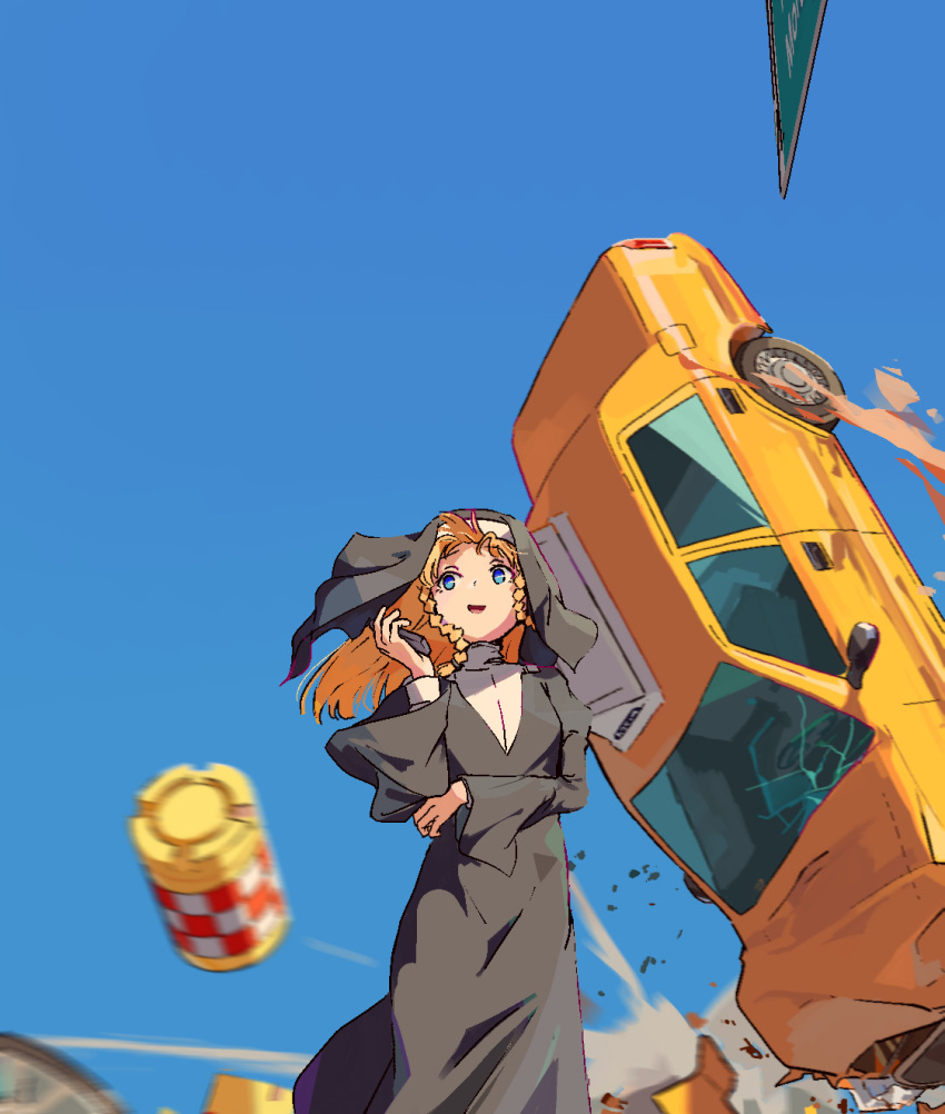 1girl, anikari_(9rxxr72gzagsn9p), black_dress, black_veil, blonde_hair, blue_background, blue_eyes, blue_sky