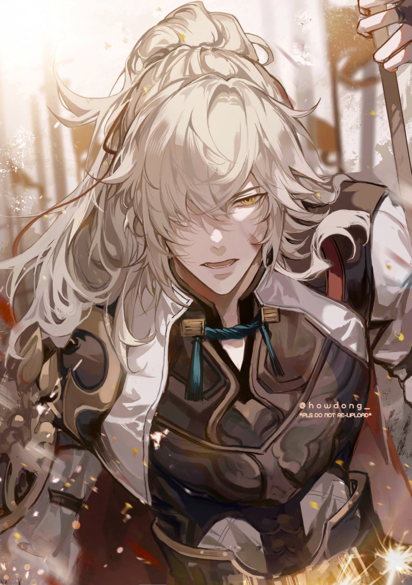 1boy, absurdres, armor, artist_name, blood, blood_on_face, bloom, blurry