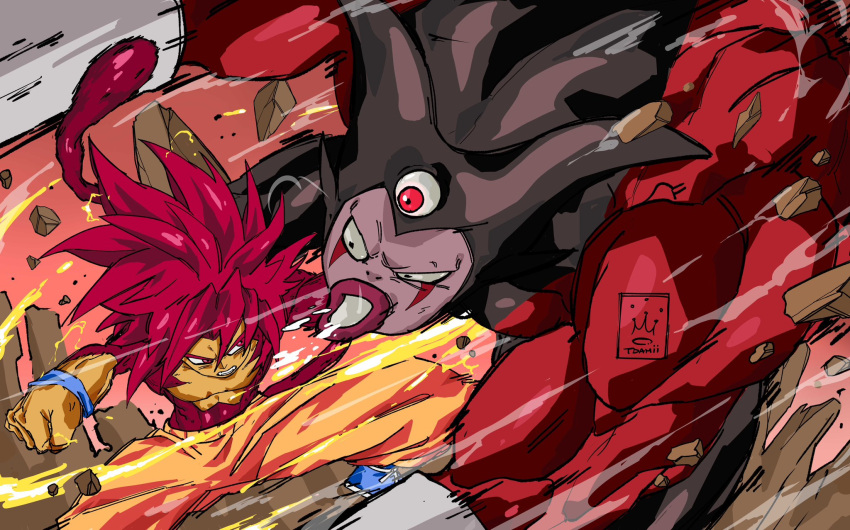 2boys, artist_logo, body_fur, bodysuit, chibi, clenched_hands, debris, dragon_ball, dragon_ball_daima, gomah_(dragon_ball), highres, logo, long_hair, monkey_tail, multiple_boys, no_eyebrows, orange_pants, pants, punching, red_bodysuit, red_eyes, red_fur, red_hair, red_tail, son_goku, spiky_hair, super_saiyan, super_saiyan_4, tail, tdamilare11, third_eye, topless_male