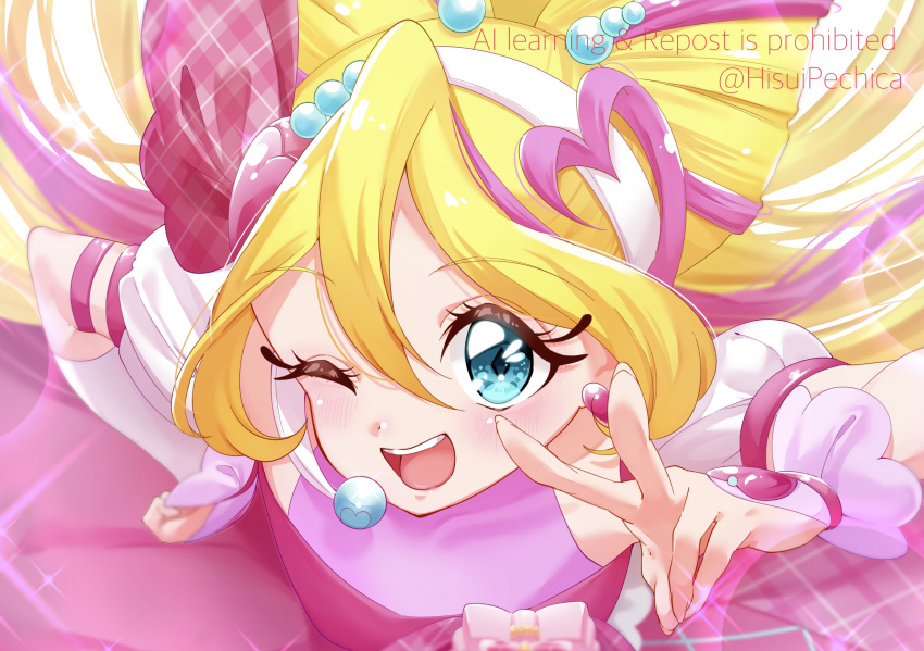 1girl, arm_warmers, blonde_hair, blue_eyes, blush, brooch, commentary_request, crop_top