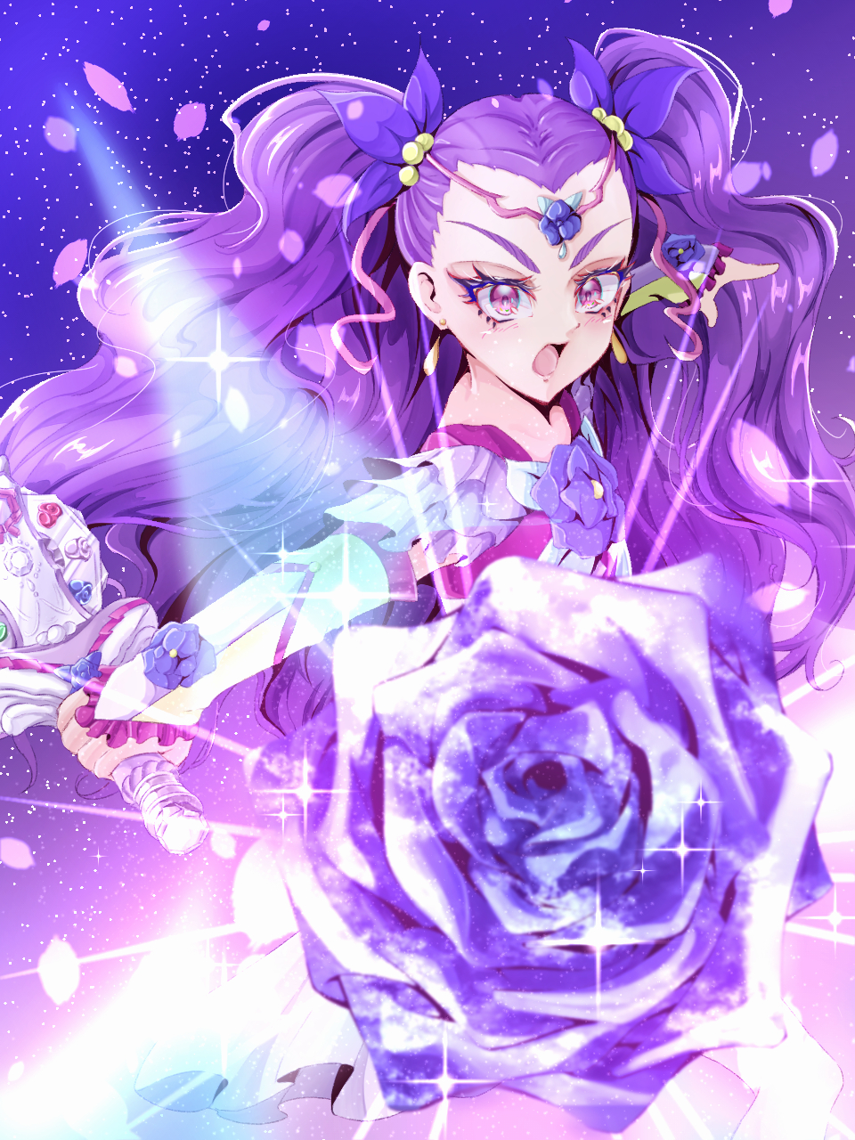 1girl, arm_warmers, blush, commentary, earrings, flower, haruto_(1214_haruto), highres, jewelry, long_hair, magical_girl, milky_rose, mimino_kurumi, open_mouth, precure, purple_flower, purple_hair, short_sleeves, solo, twintails, two-tone_shirt, two_side_up, violet_eyes, yes!_precure_5, yes!_precure_5_gogo!