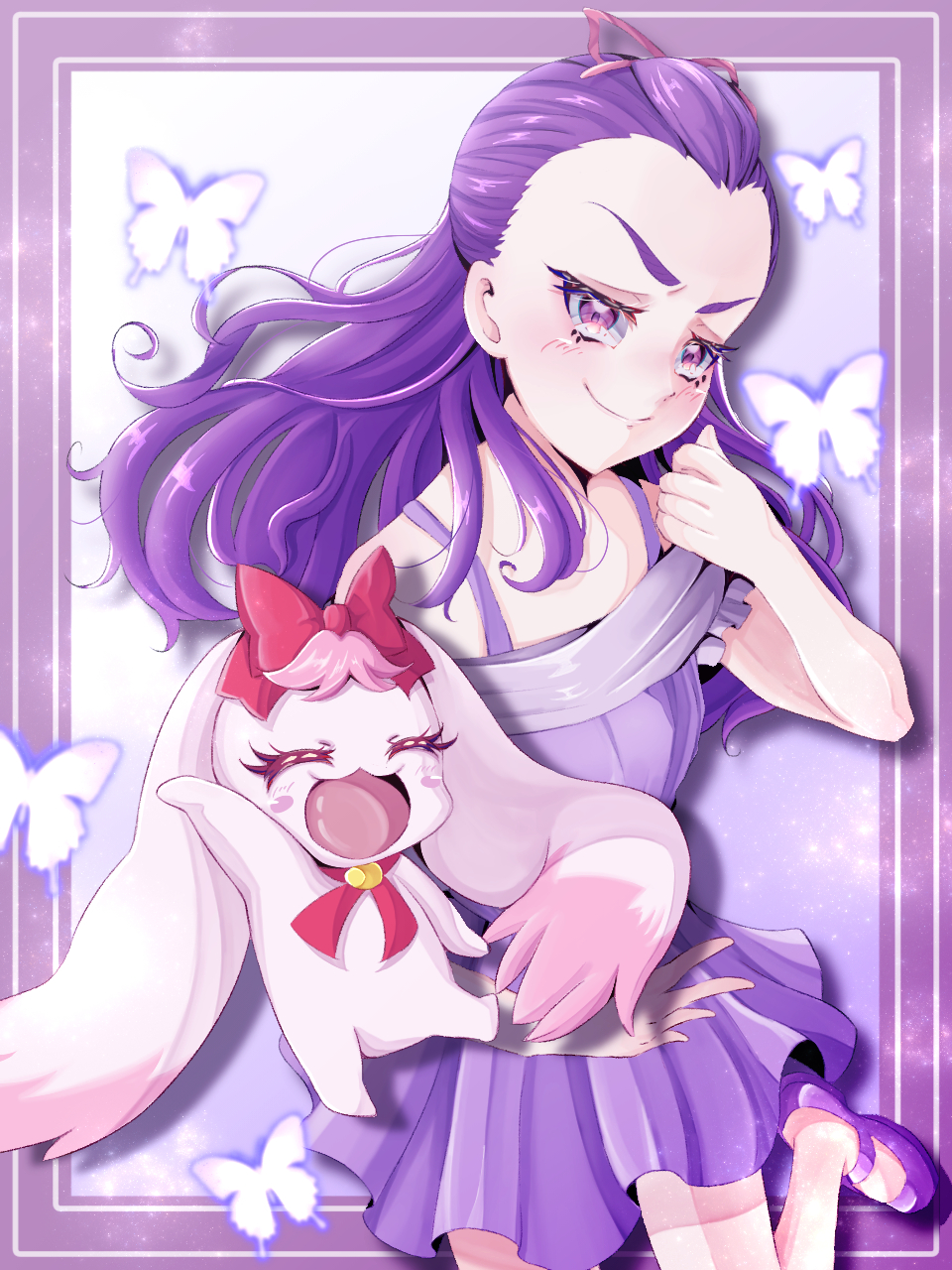 1girl, blush, blush_stickers, bow, bug, butterfly, closed_eyes, closed_mouth