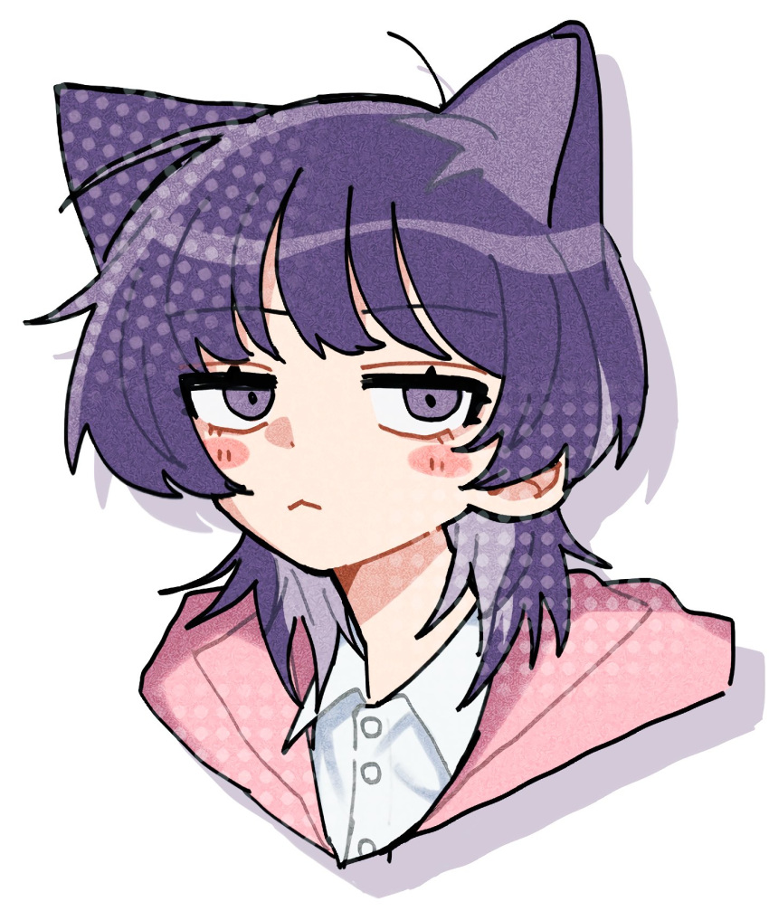 1girl, :<, adutiaduti0616, animal_ears, blush, cat_ears, cat_girl, closed_mouth, collared_shirt, commentary_request, cropped_torso, dress_shirt, fujii_ayame, futsuu_no_keion-bu, highres, hood, hooded_jacket, jacket, jitome, kemonomimi_mode, looking_at_viewer, medium_hair, pink_jacket, portrait, purple_hair, sanpaku, shirt, solo, violet_eyes, white_shirt