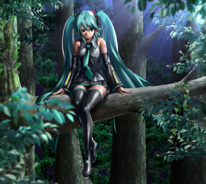 boots, detached_sleeves, hatsune_miku, headset, in_tree, long_hair, necktie, night