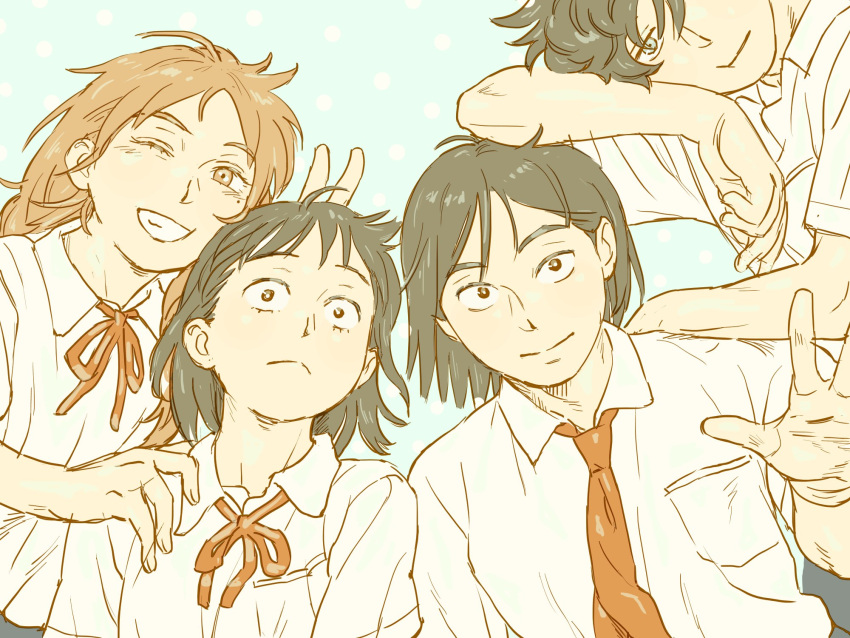 2boys, 2girls, :t, arm_on_another's_head, arm_on_another's_shoulder, bad_id, bad_twitter_id, black_eyes