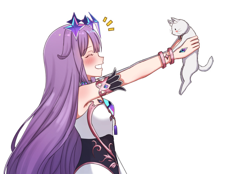 1girl, animal, blush, cat, chest_jewel, closed_eyes, closed_mouth, dress