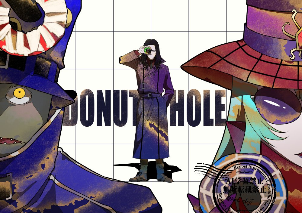 1girl, 2boys, archnemon, black_hair, blue_coat, blue_hair, blue_hat, close-up, coat, digimon, digimon_(creature), digimon_adventure_02, donut_hole_(vocaloid), doughnut, english_text, food, full_body, grey_background, hand_in_pocket, hat, holding, holding_donut, holding_food, limit_deji, long_hair, medium_hair, multiple_boys, mummymon, no_eyebrows, oikawa_yukio, purple_coat, red_hat, sharp_teeth, simple_background, teeth, watermark, yellow_eyes